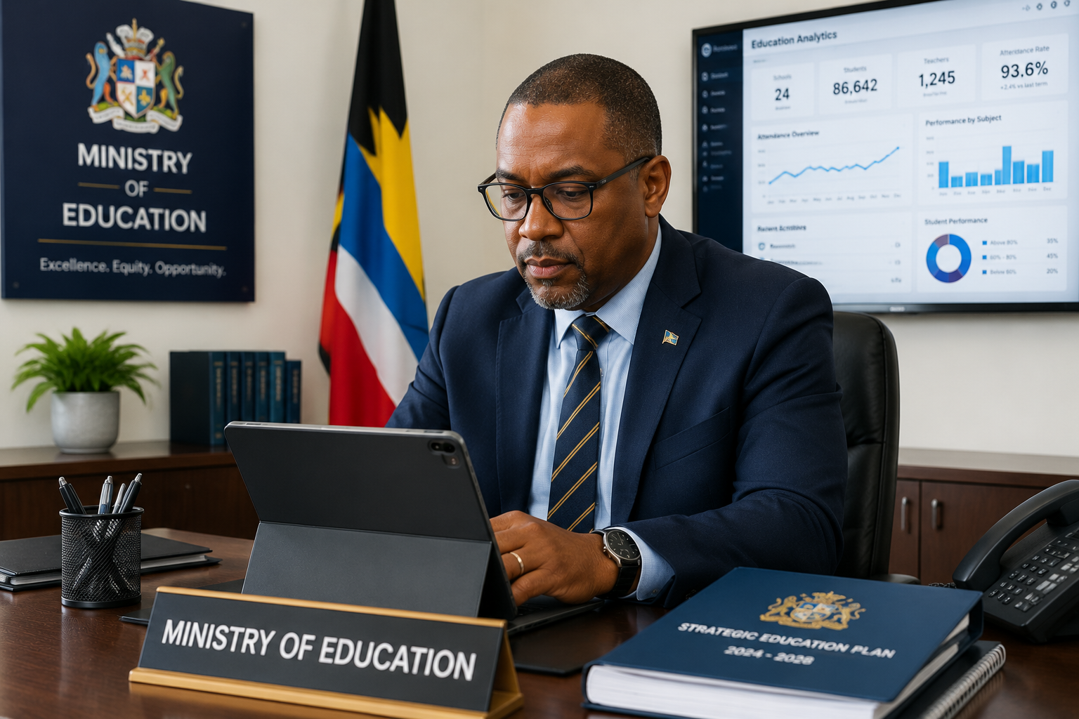 A Ministry of Education official reviewing education analytics on a tablet