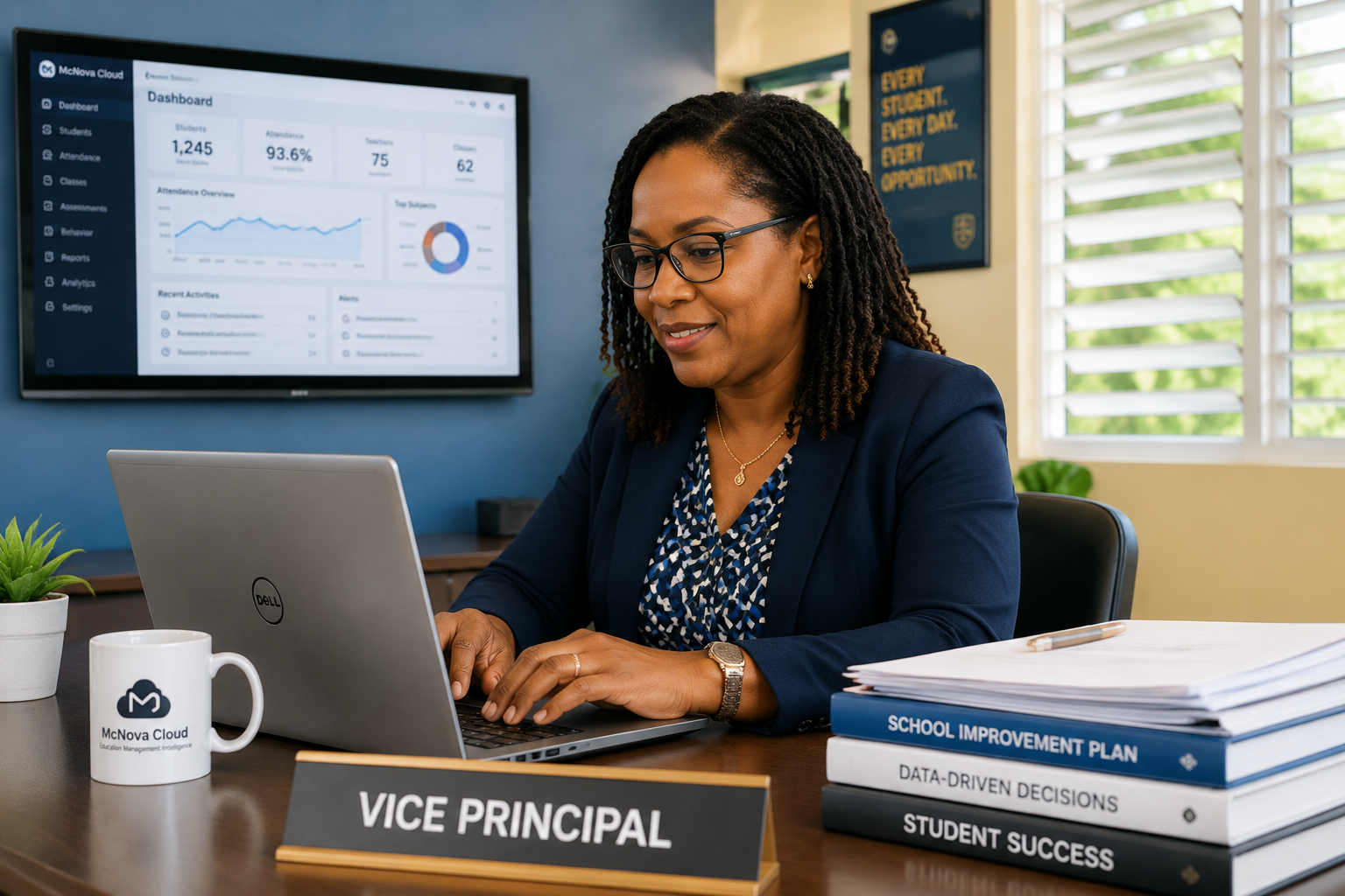 A vice principal reviewing school data on a laptop, with a McNova Cloud dashboard shown on a monitor behind her